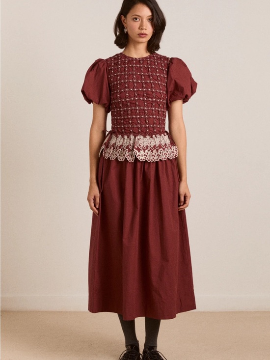 Damson Madder Dresses & Skirts - NWT Damson Madder Audrey Midi Dress - Burg/Butter Stitching